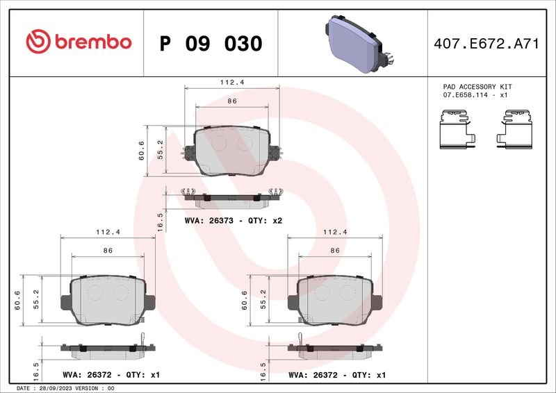 Zestaw klocków hamulcowych, hamulce tarczowe BREMBO P 09 030