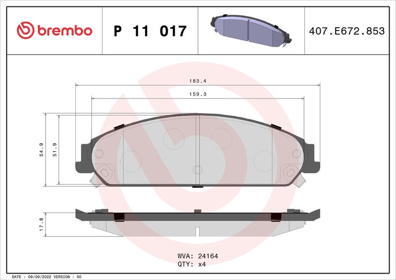 Zestaw klocków hamulcowych, hamulce tarczowe BREMBO P 11 017