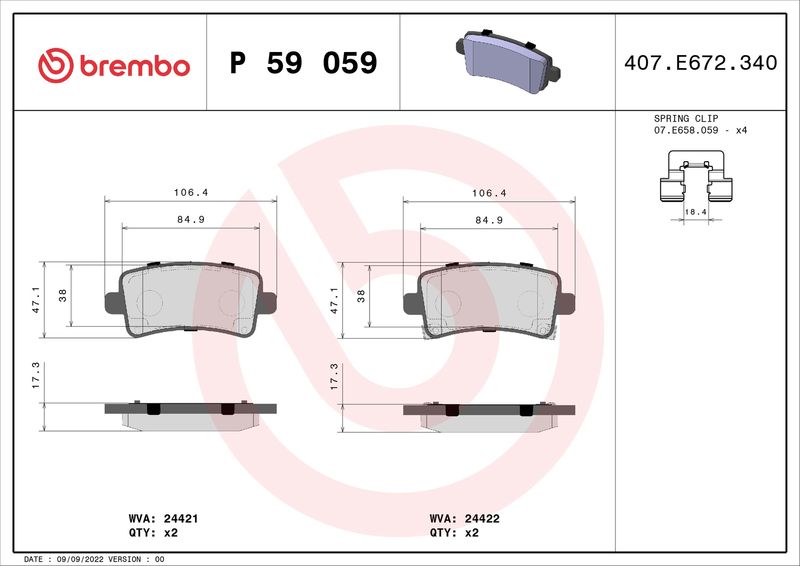 Zestaw klocków hamulcowych, hamulce tarczowe BREMBO P 59 059