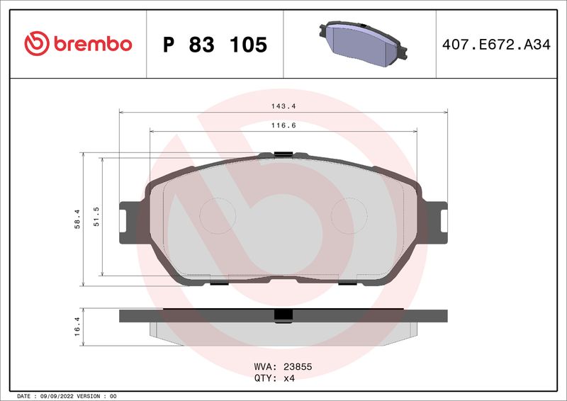 Zestaw klocków hamulcowych, hamulce tarczowe BREMBO P 83 105