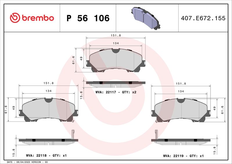 Zestaw klocków hamulcowych, hamulce tarczowe BREMBO P 56 106