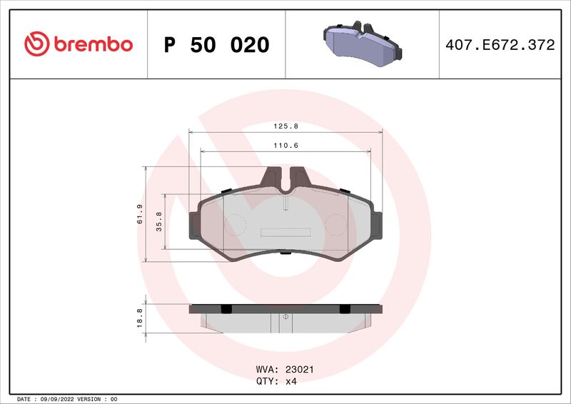 Zestaw klocków hamulcowych, hamulce tarczowe BREMBO P 50 020