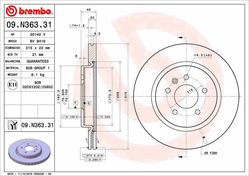 Tarcza hamulcowa BREMBO 09.N363.31