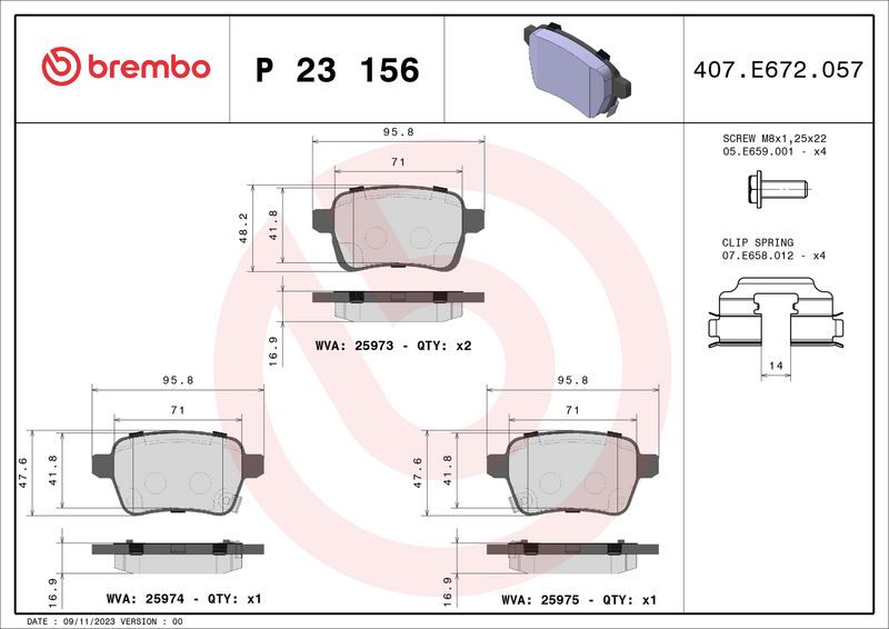 Zestaw klocków hamulcowych, hamulce tarczowe BREMBO P 23 156