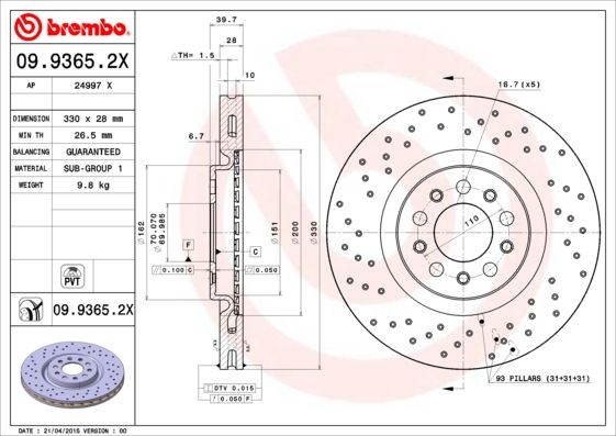 Tarcza hamulcowa BREMBO 09.9365.2X