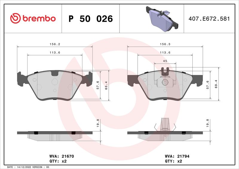 Zestaw klocków hamulcowych, hamulce tarczowe BREMBO P 50 026