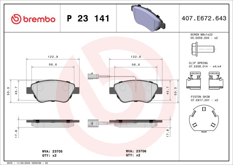 Zestaw klocków hamulcowych, hamulce tarczowe BREMBO P 23 141X