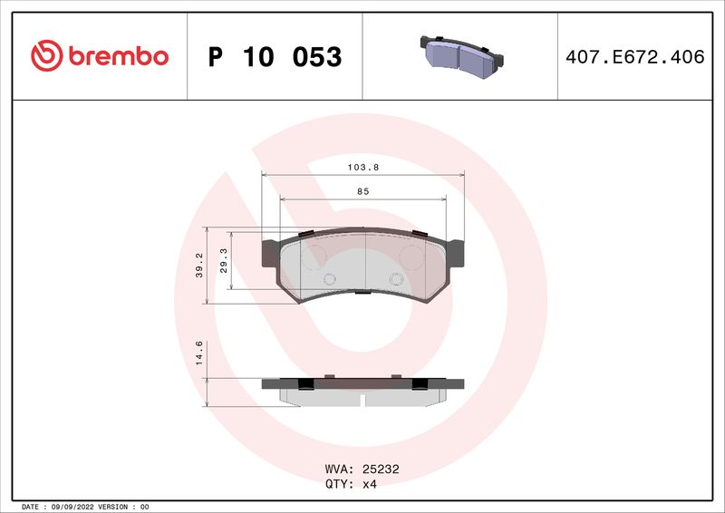 Zestaw klocków hamulcowych, hamulce tarczowe BREMBO P 10 053