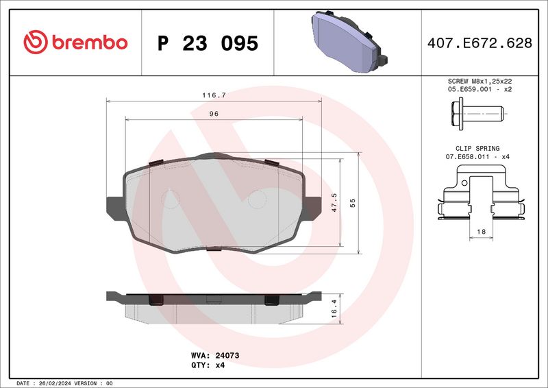 Zestaw klocków hamulcowych, hamulce tarczowe BREMBO P 23 095