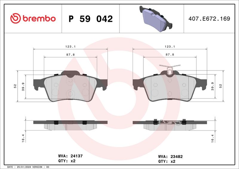 Zestaw klocków hamulcowych, hamulce tarczowe BREMBO P 59 042X