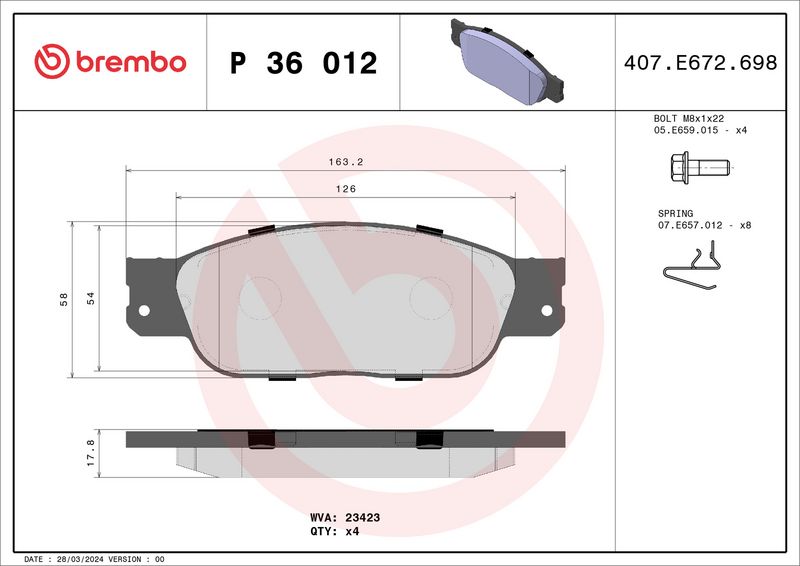 Zestaw klocków hamulcowych, hamulce tarczowe BREMBO P 36 012