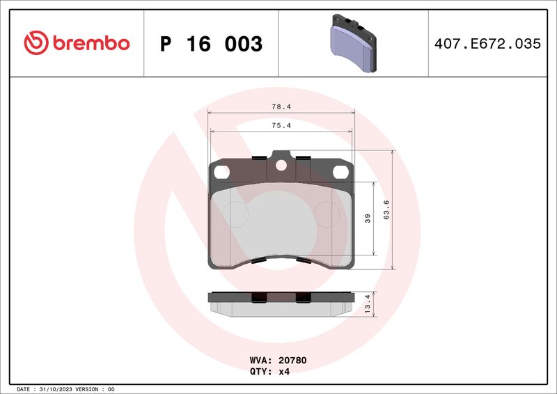 Zestaw klocków hamulcowych, hamulce tarczowe BREMBO P 16 003