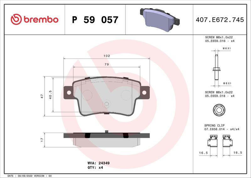 Zestaw klocków hamulcowych, hamulce tarczowe BREMBO P 59 057