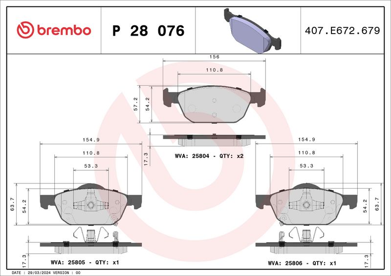 Zestaw klocków hamulcowych, hamulce tarczowe BREMBO P 28 076X
