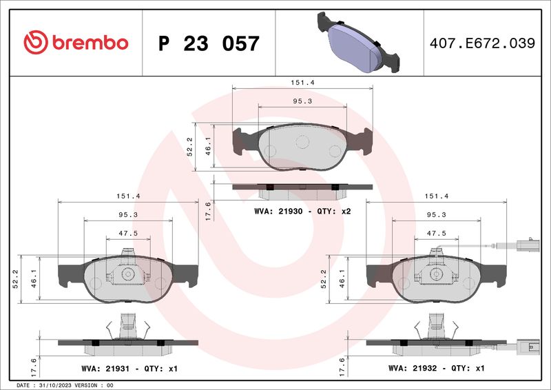Zestaw klocków hamulcowych, hamulce tarczowe BREMBO P 23 057