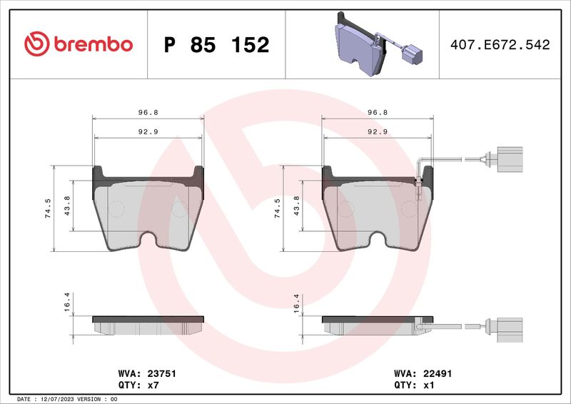 Zestaw klocków hamulcowych, hamulce tarczowe BREMBO P 85 152