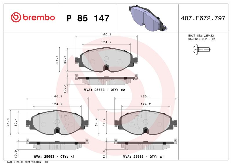 Zestaw klocków hamulcowych, hamulce tarczowe BREMBO P 85 147X