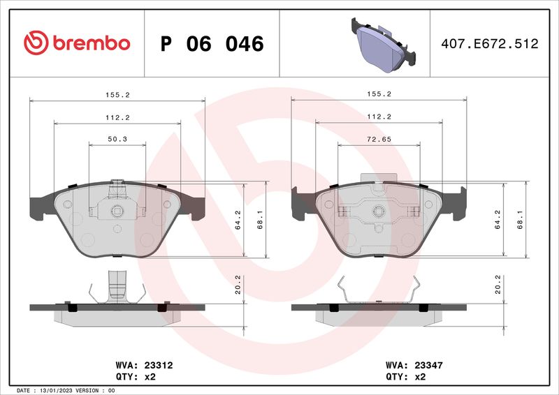 Zestaw klocków hamulcowych, hamulce tarczowe BREMBO P 06 046