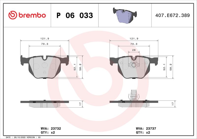 Zestaw klocków hamulcowych, hamulce tarczowe BREMBO P 06 033X