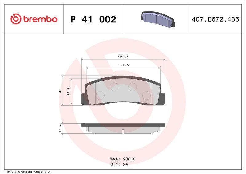 Zestaw klocków hamulcowych, hamulce tarczowe BREMBO P 41 002