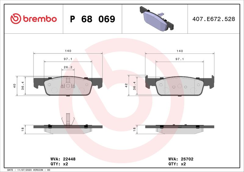 Zestaw klocków hamulcowych, hamulce tarczowe BREMBO P 68 069