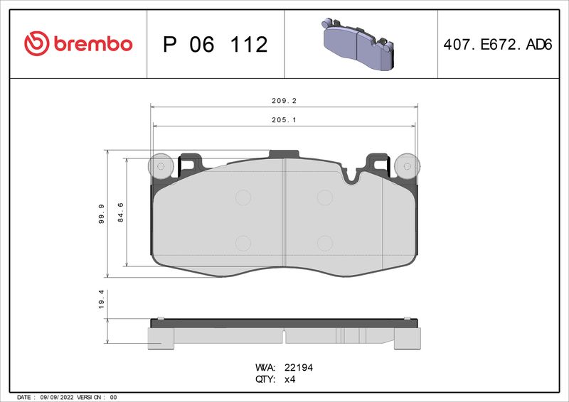 Zestaw klocków hamulcowych, hamulce tarczowe BREMBO P 06 112