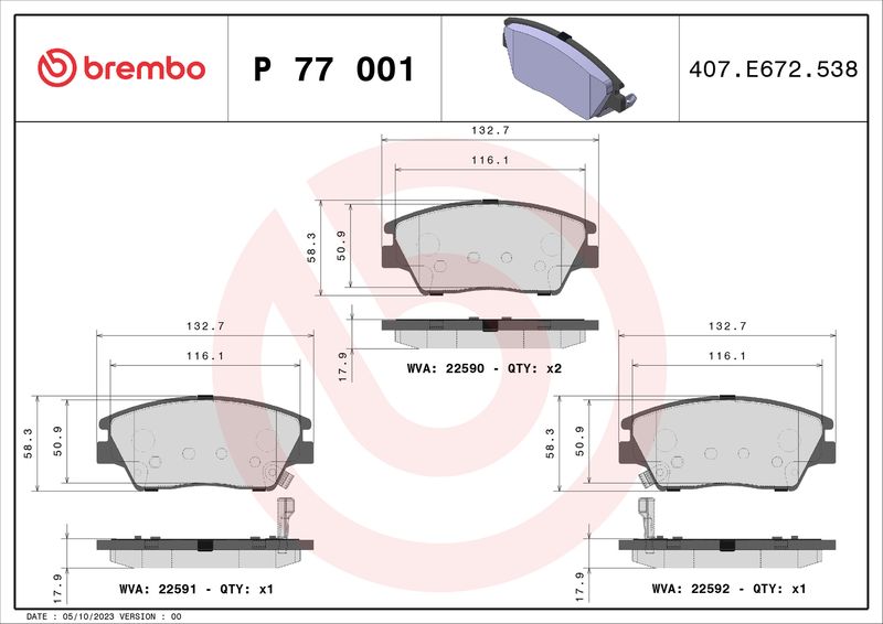 Zestaw klocków hamulcowych, hamulce tarczowe BREMBO P 77 001