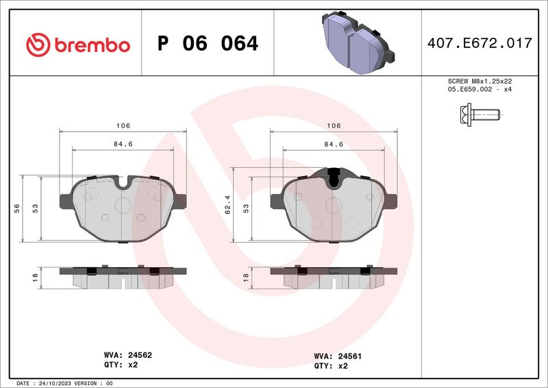 Zestaw klocków hamulcowych, hamulce tarczowe BREMBO P 06 064X