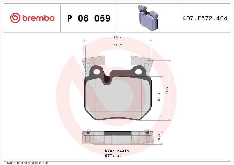 Zestaw klocków hamulcowych, hamulce tarczowe BREMBO P 06 059