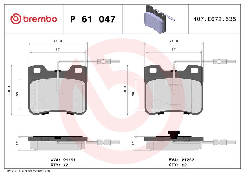Zestaw klocków hamulcowych, hamulce tarczowe BREMBO P 61 047