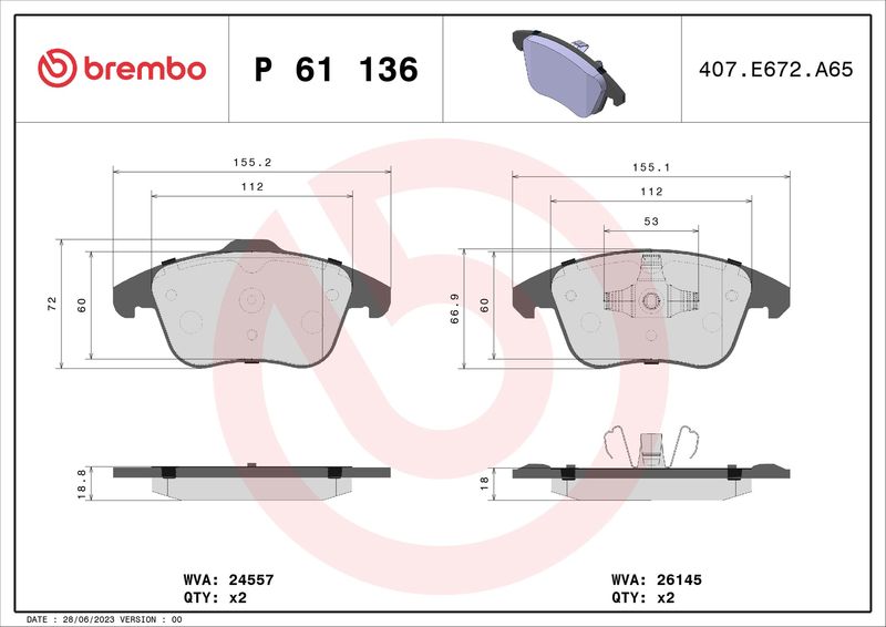 Zestaw klocków hamulcowych, hamulce tarczowe BREMBO P 61 136