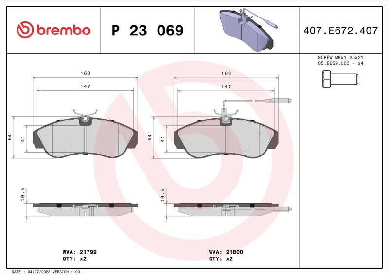 Zestaw klocków hamulcowych, hamulce tarczowe BREMBO P 23 069
