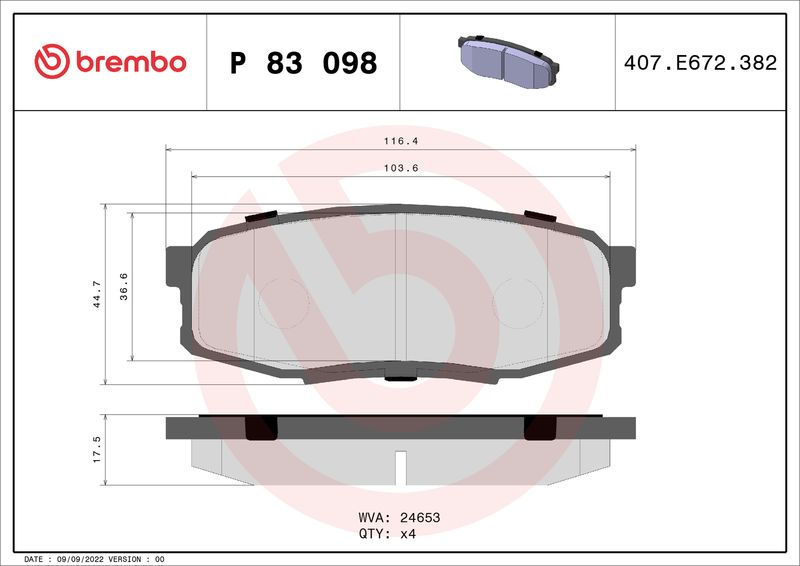 Zestaw klocków hamulcowych, hamulce tarczowe BREMBO P 83 098X