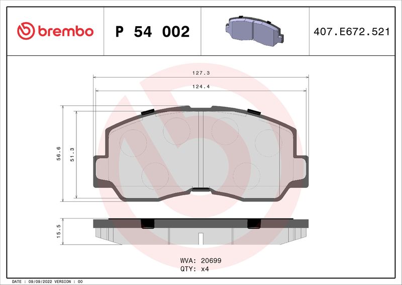 Zestaw klocków hamulcowych, hamulce tarczowe BREMBO P 54 002