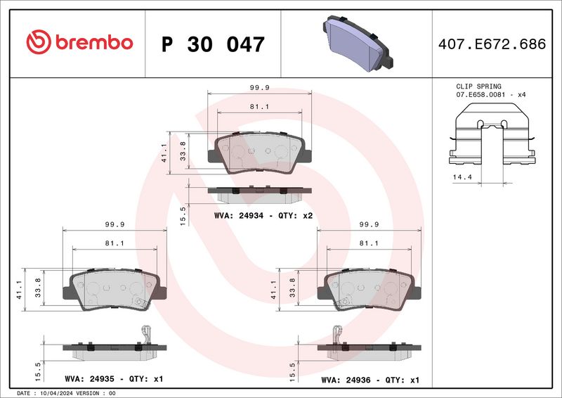 Zestaw klocków hamulcowych, hamulce tarczowe BREMBO P 30 047