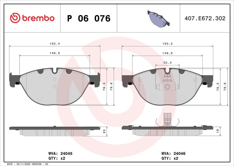 Zestaw klocków hamulcowych, hamulce tarczowe BREMBO P 06 076