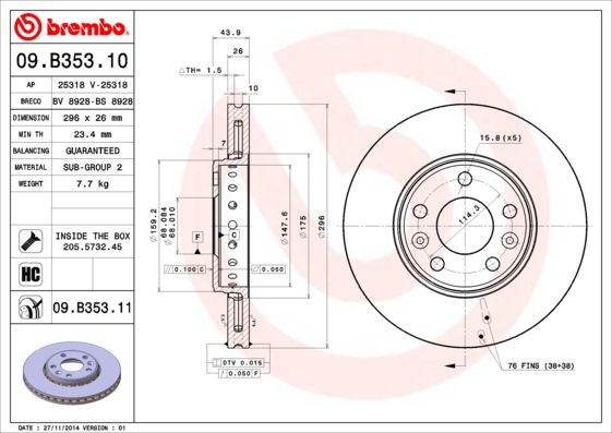 Tarcza hamulcowa BREMBO 09.B353.11