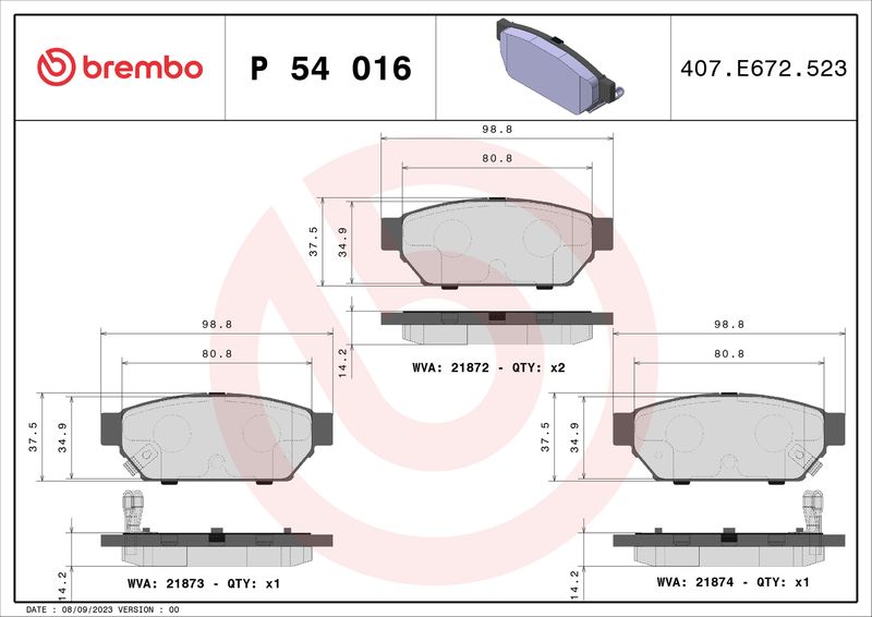 Zestaw klocków hamulcowych, hamulce tarczowe BREMBO P 54 016