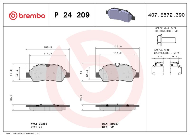 Zestaw klocków hamulcowych, hamulce tarczowe BREMBO P 24 209