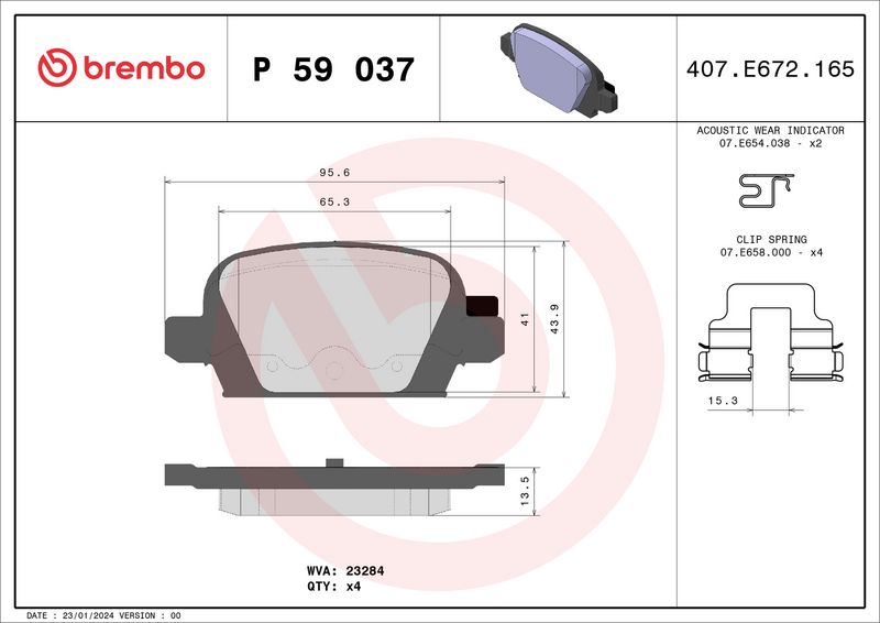 Zestaw klocków hamulcowych, hamulce tarczowe BREMBO P 59 037