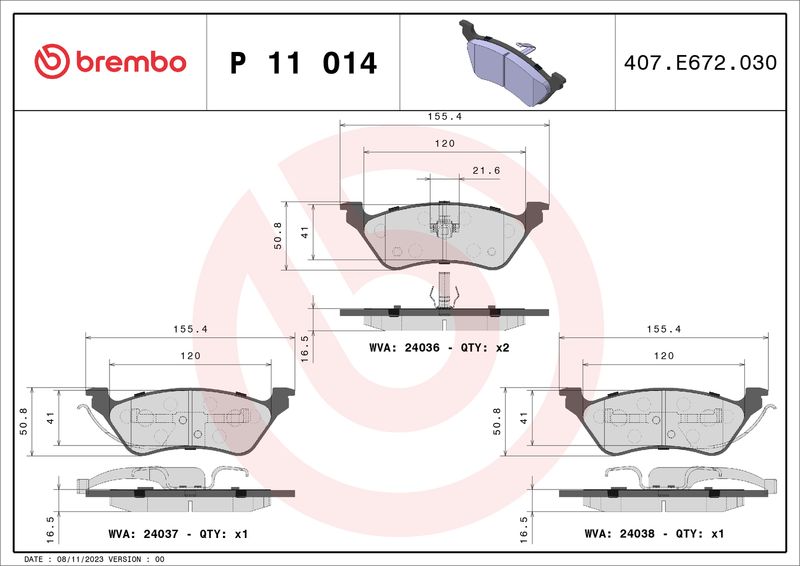 Zestaw klocków hamulcowych, hamulce tarczowe BREMBO P 11 014