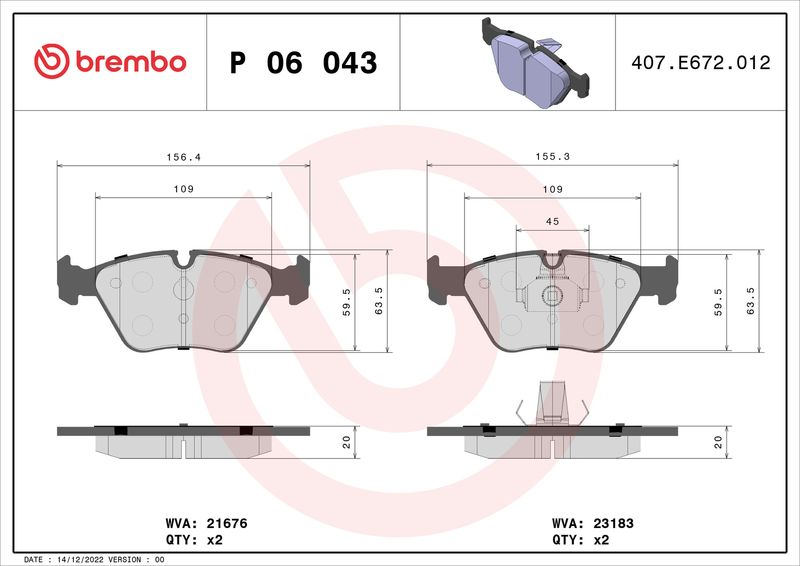 Zestaw klocków hamulcowych, hamulce tarczowe BREMBO P 06 043