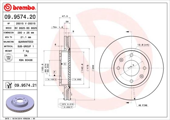 Tarcza hamulcowa BREMBO 09.9574.21