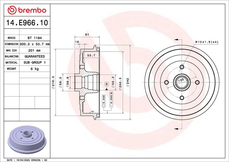 Bęben hamulcowy BREMBO 14.E966.10