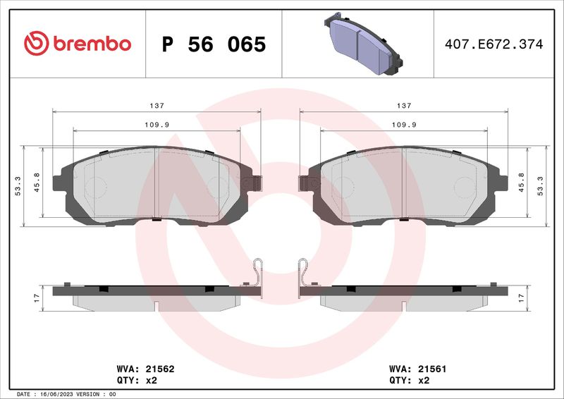 Zestaw klocków hamulcowych, hamulce tarczowe BREMBO P 56 065