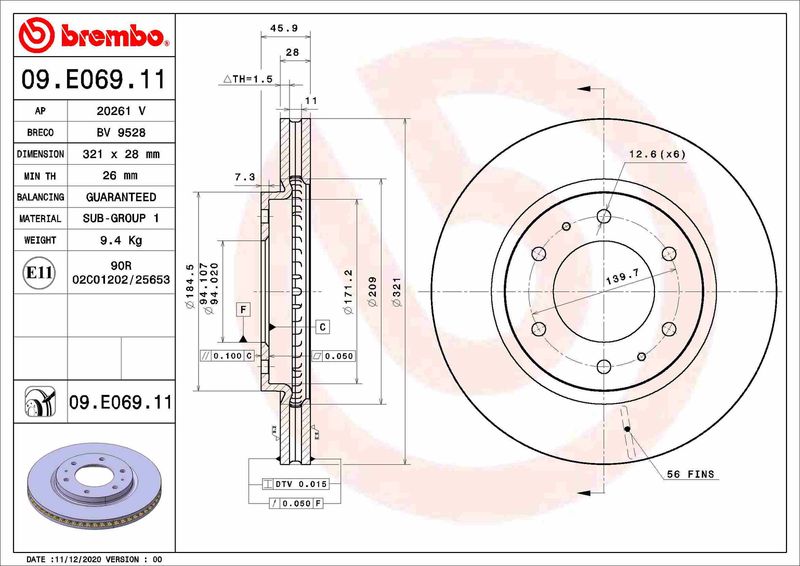 Tarcza hamulcowa BREMBO 09.E069.11