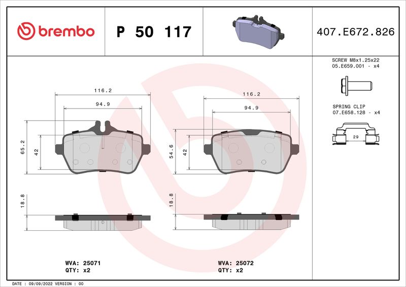 Zestaw klocków hamulcowych, hamulce tarczowe BREMBO P 50 117