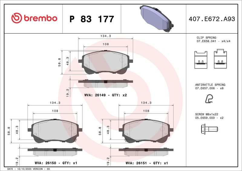 Zestaw klocków hamulcowych, hamulce tarczowe BREMBO P 83 177
