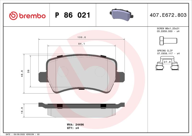 Zestaw klocków hamulcowych, hamulce tarczowe BREMBO P 86 021