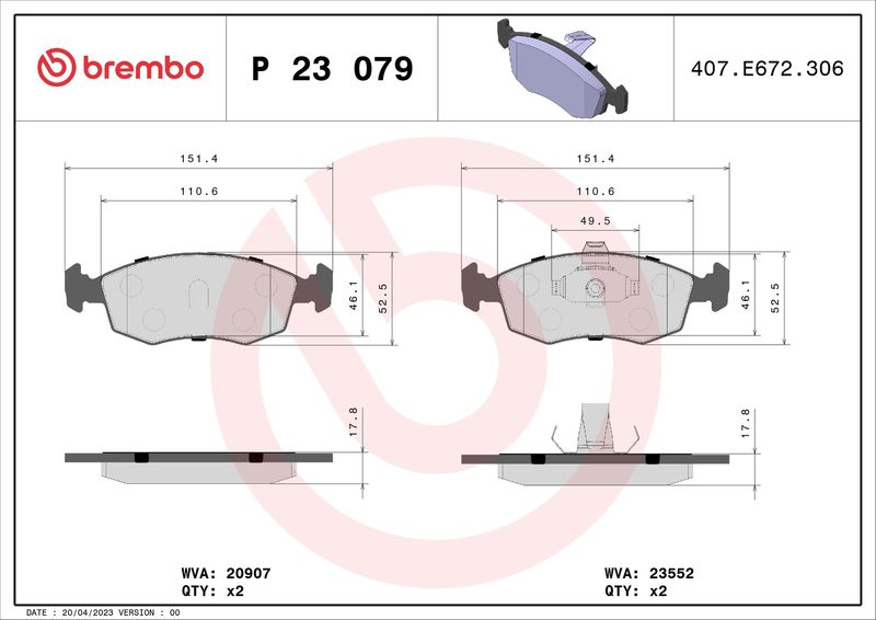 Zestaw klocków hamulcowych, hamulce tarczowe BREMBO P 23 079